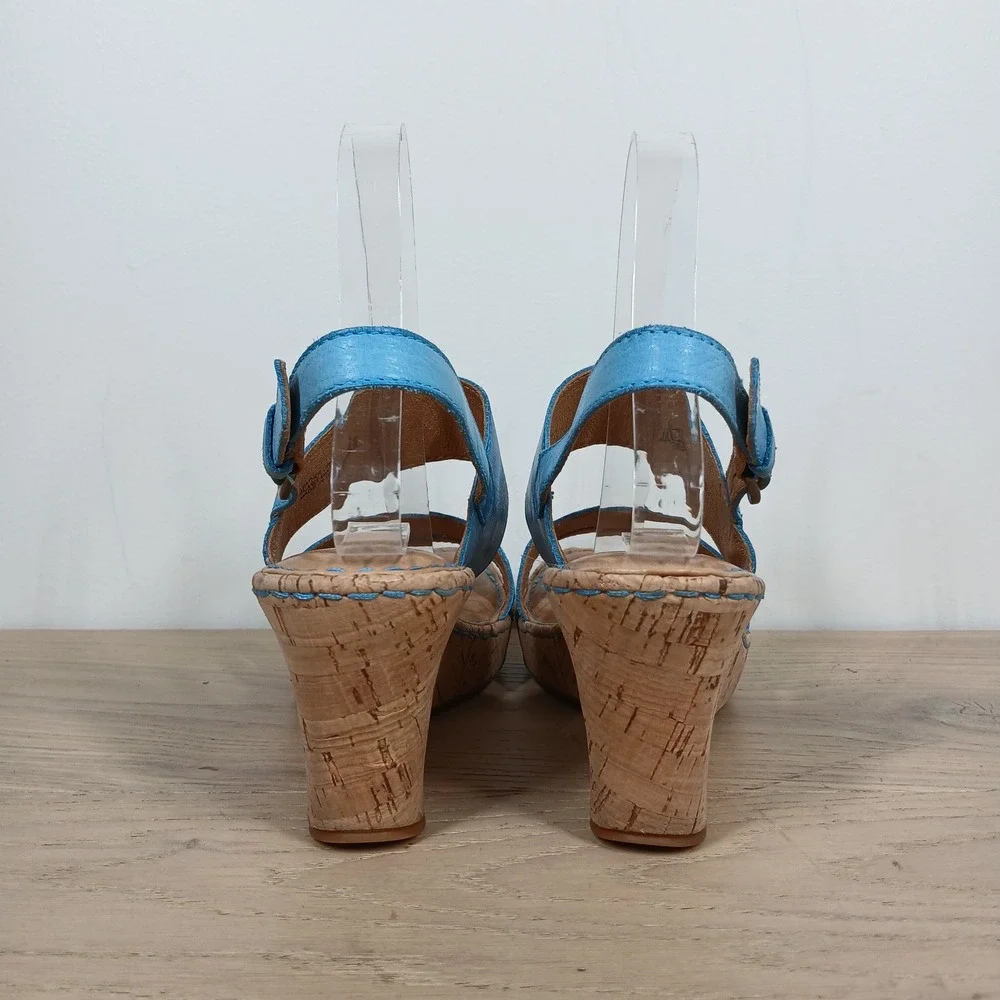 Born Wedge Sandals Womens 8 Blue Leather Cork Platform Slingback Opanka Strappy